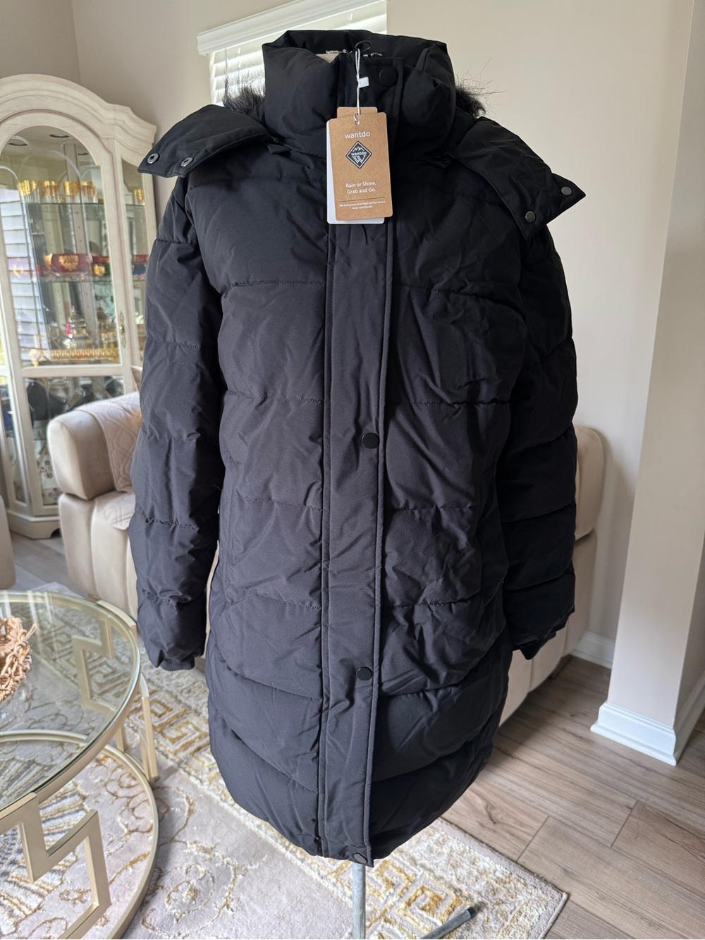 Wantdo women’s Black Quilted Long Puffer Coat with Hood